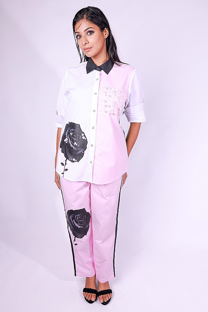White & Pink Cotton Embellished Shirt by Richaa Goenka at Pernia's Pop Up Shop