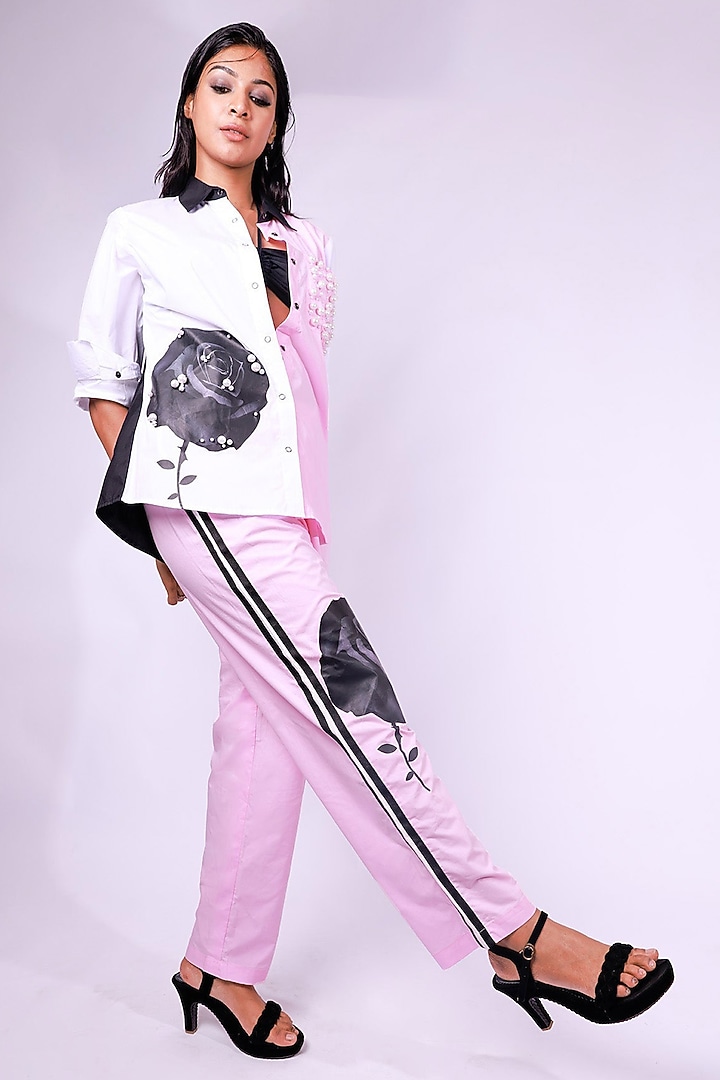 White & Pink Cotton Embellished Shirt by Richaa Goenka at Pernia's Pop Up Shop