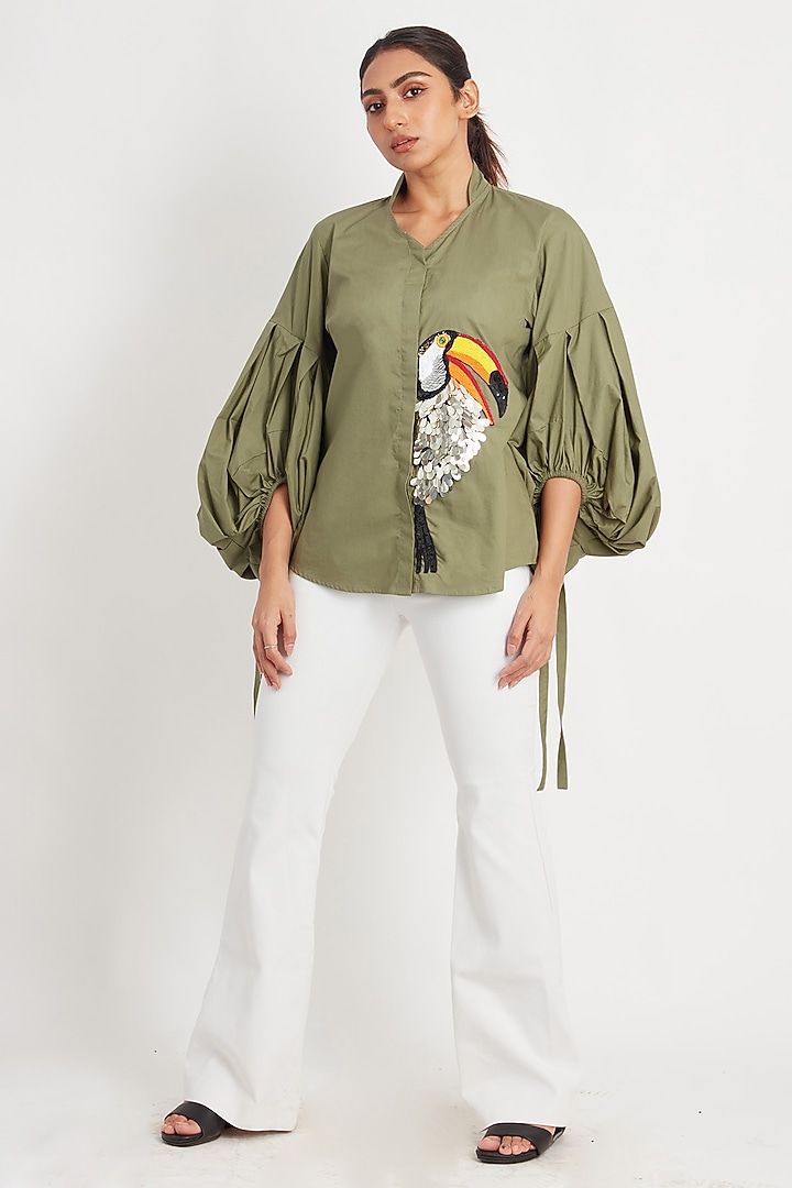 Olive Cotton Embroidered Shirt by Richaa Goenka at Pernia's Pop Up Shop