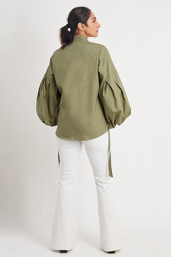 Olive Cotton Embroidered Shirt by Richaa Goenka at Pernia's Pop Up Shop