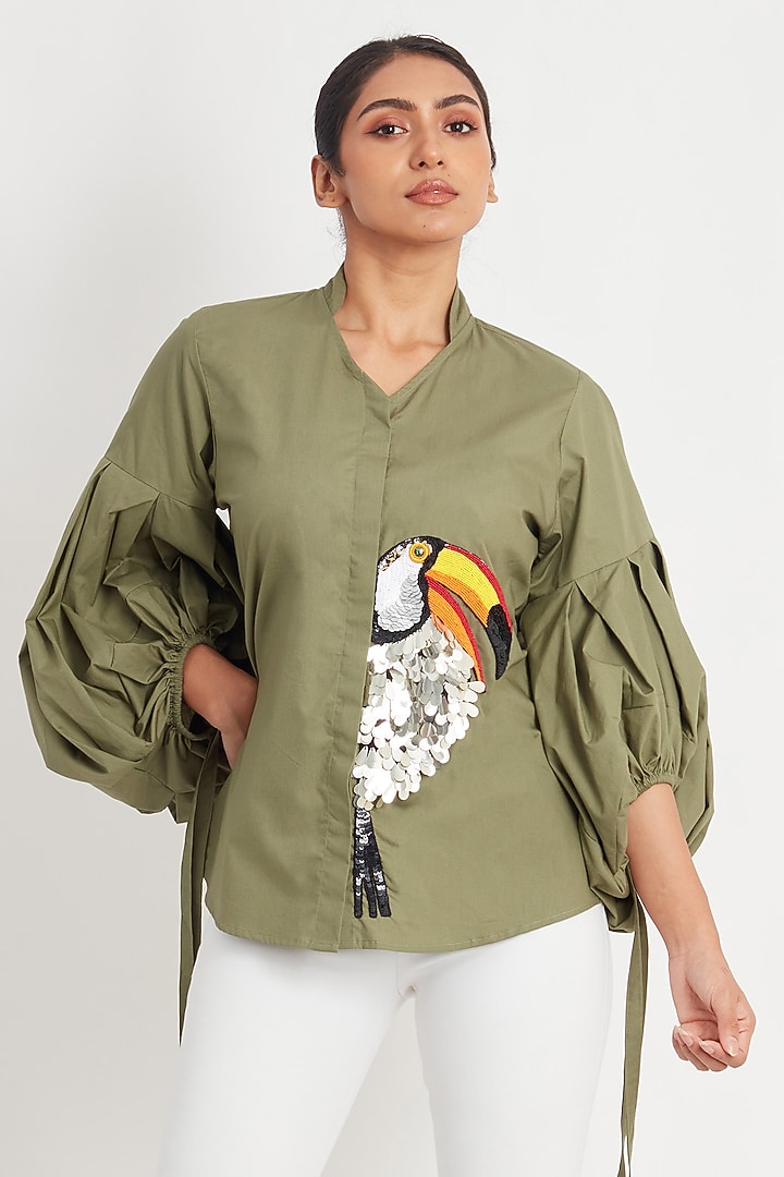 Olive Cotton Embroidered Shirt by Richaa Goenka at Pernia's Pop Up Shop