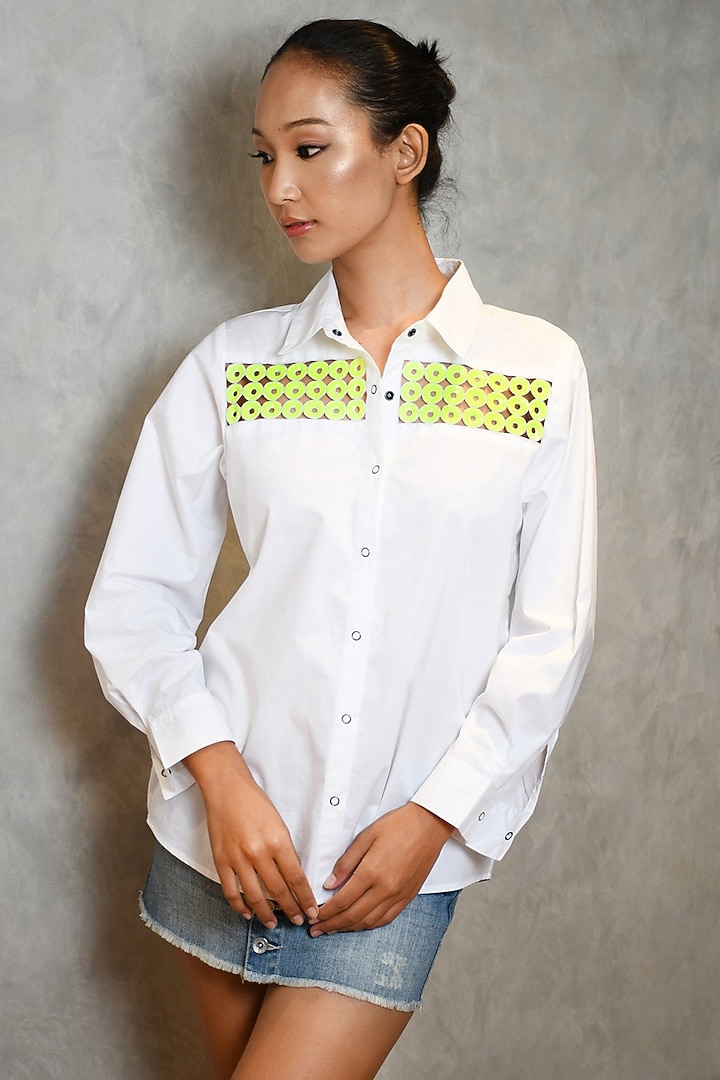 White Cotton Cutwork Shirt by Richaa Goenka at Pernia's Pop Up Shop