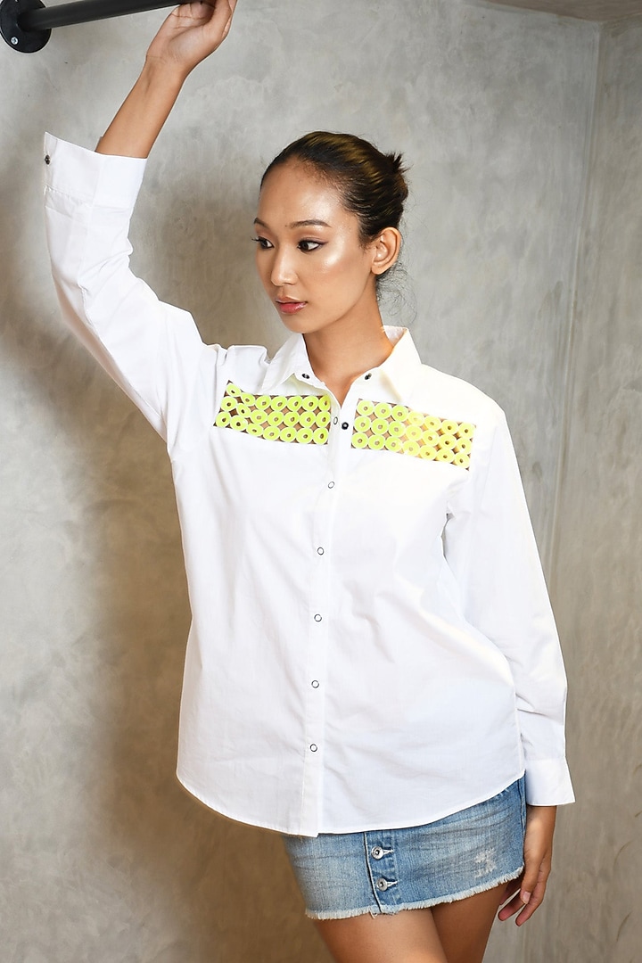 White Cotton Cutwork Shirt by Richaa Goenka at Pernia's Pop Up Shop