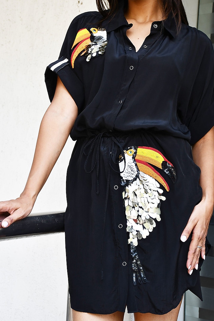 Black Crepe Embroidered Mini Vacation Dress by Richaa Goenka at Pernia's Pop Up Shop