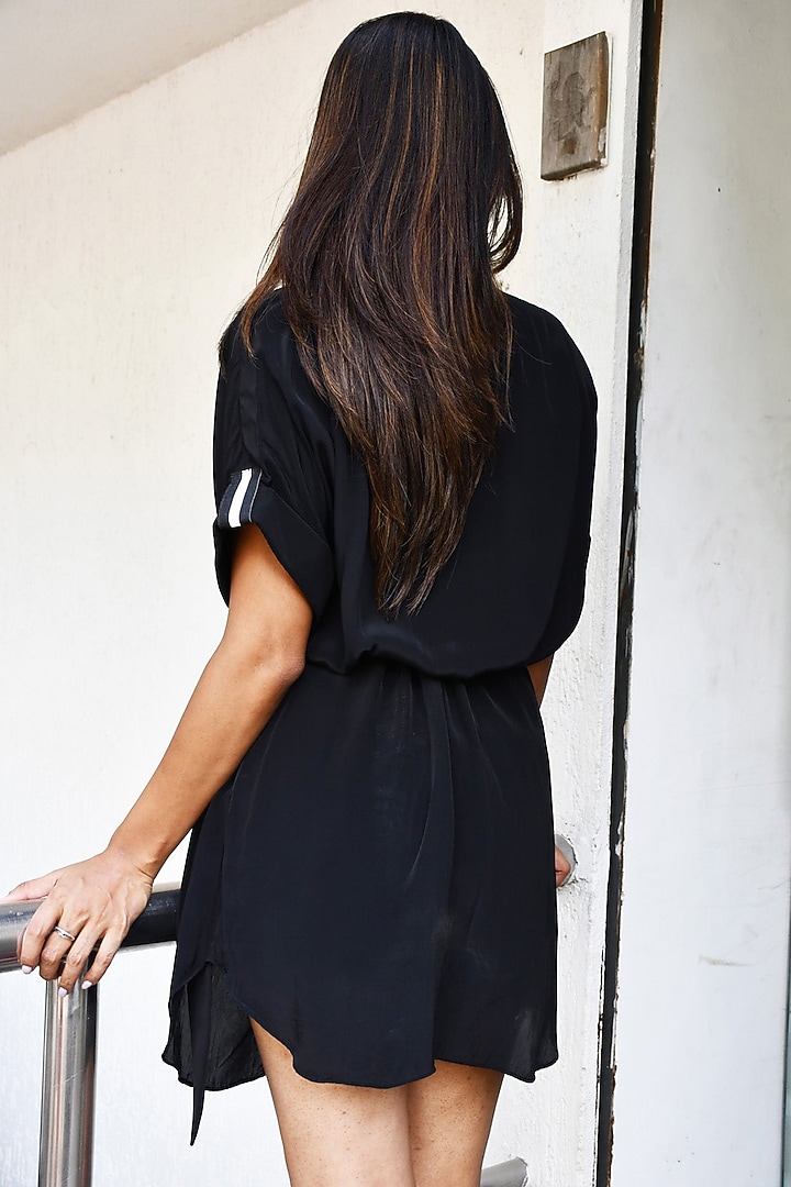 Black Crepe Embroidered Mini Vacation Dress by Richaa Goenka at Pernia's Pop Up Shop