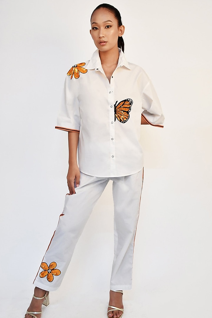 White Cotton Sequin Embroidered Co-Ord Set by Richaa Goenka at Pernia's Pop Up Shop