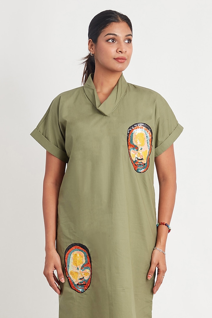 Olive Cotton Embroidered Summer Dress by Richaa Goenka at Pernia's Pop Up Shop