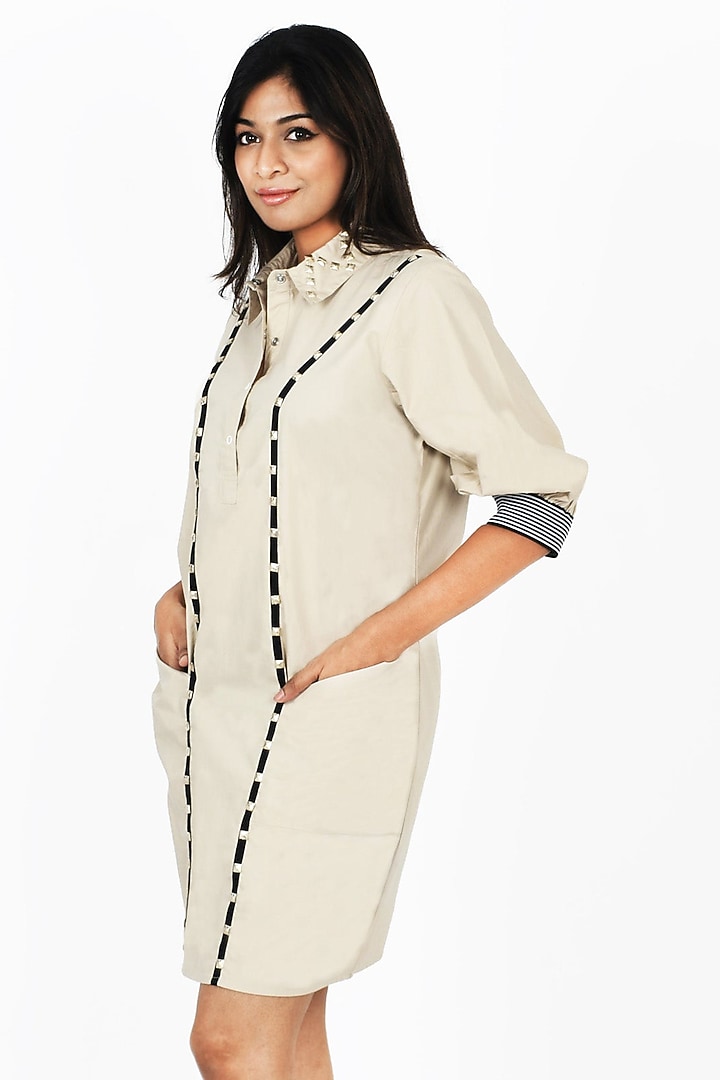 Beige Cotton Embroidered Mini Summer Dress by Richaa Goenka at Pernia's Pop Up Shop