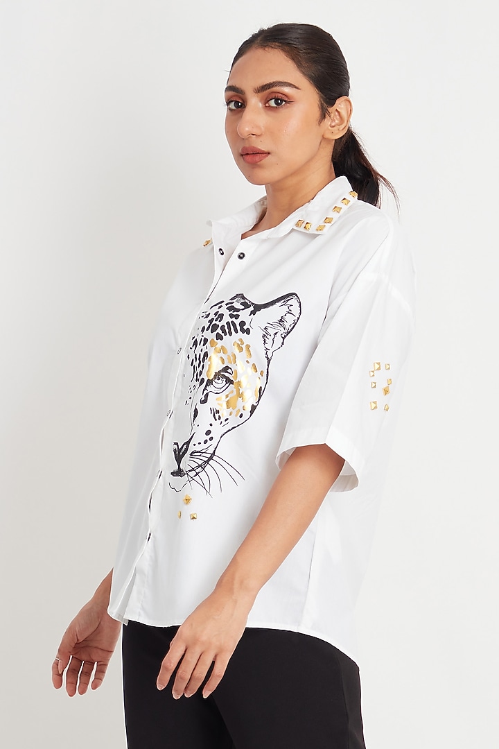 White Cotton Foil Printed Shirt by Richaa Goenka at Pernia's Pop Up Shop