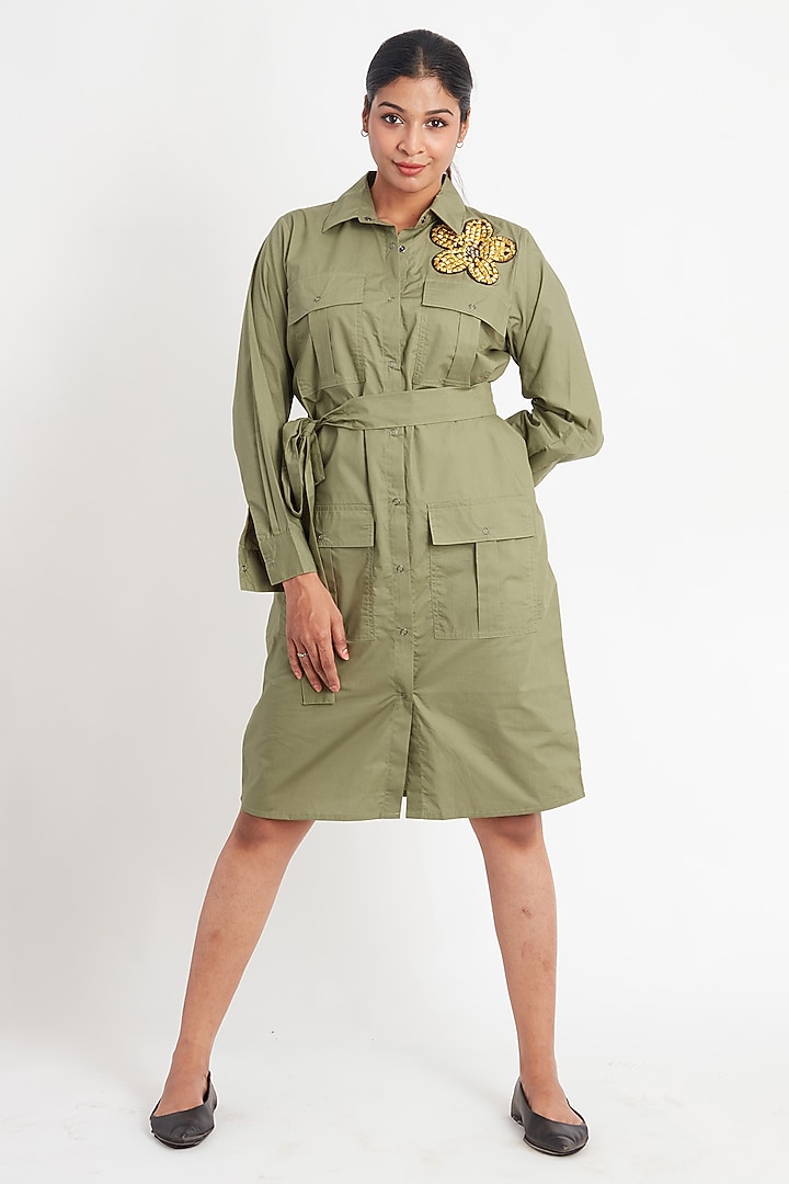 Olive Cotton Embroidered Summer Dress by Richaa Goenka at Pernia's Pop Up Shop