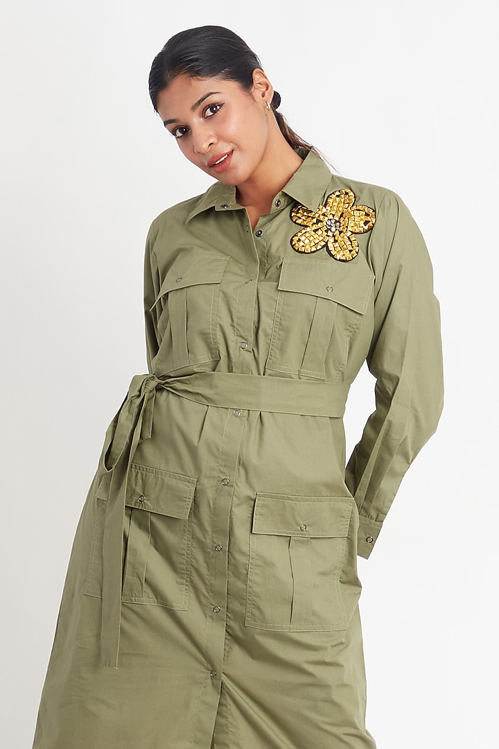Olive Cotton Embroidered Summer Dress by Richaa Goenka at Pernia's Pop Up Shop