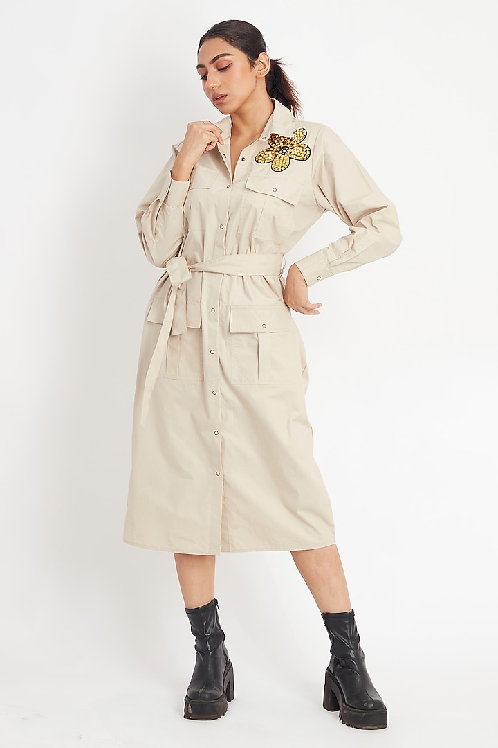 Beige Cotton Embroidered Summer Dress by Richaa Goenka at Pernia's Pop Up Shop