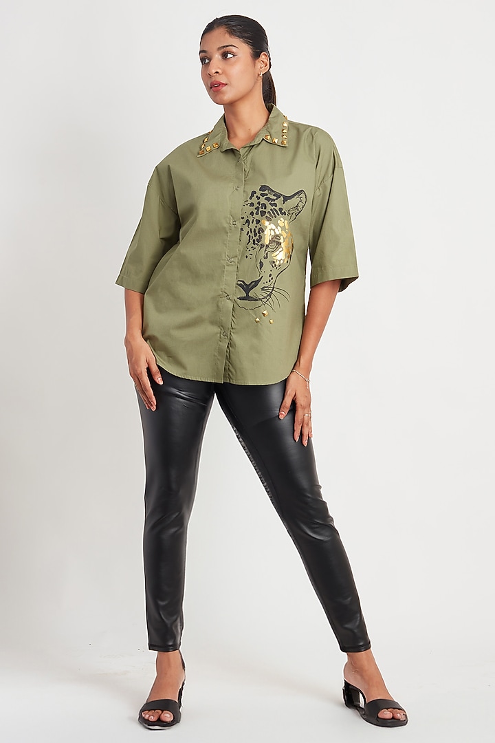 Olive Green Cotton Foil Printed Shirt by Richaa Goenka at Pernia's Pop Up Shop