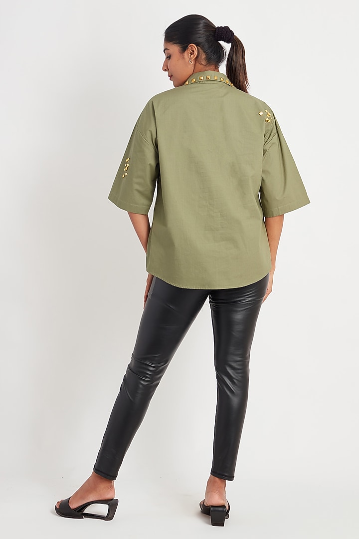 Olive Green Cotton Foil Printed Shirt by Richaa Goenka at Pernia's Pop Up Shop