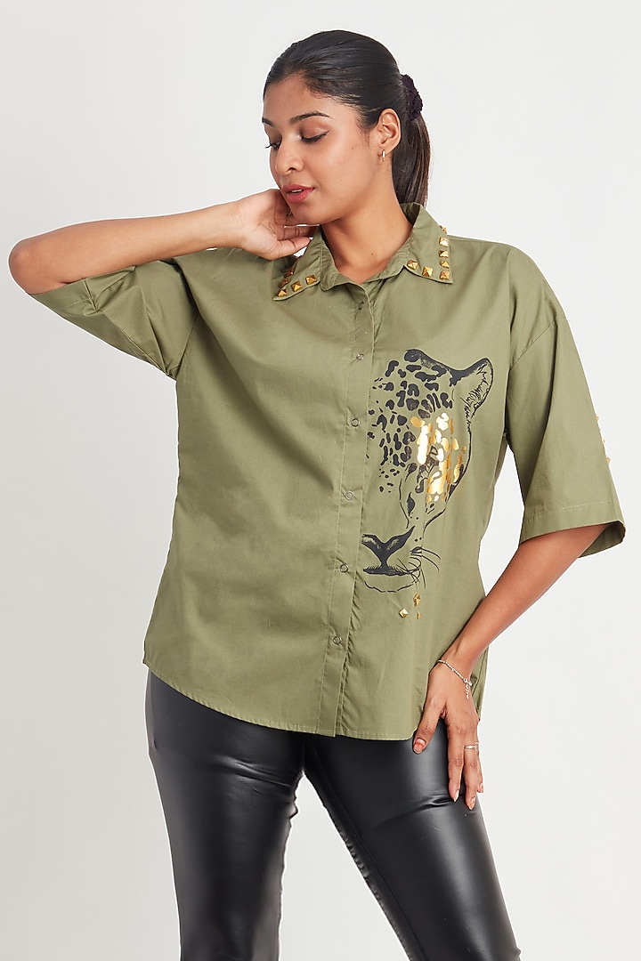 Olive Green Cotton Foil Printed Shirt by Richaa Goenka at Pernia's Pop Up Shop