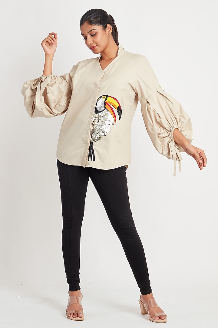 Beige Cotton Embroidered Shirt by Richaa Goenka at Pernia's Pop Up Shop