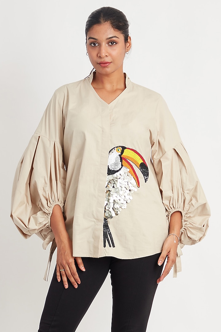 Beige Cotton Embroidered Shirt by Richaa Goenka at Pernia's Pop Up Shop