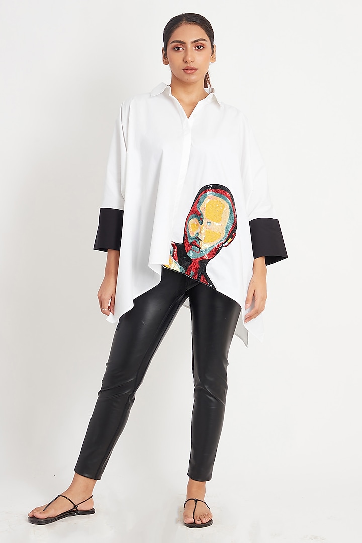 White Cotton Embroidered Poncho-Style Shirt by Richaa Goenka at Pernia's Pop Up Shop