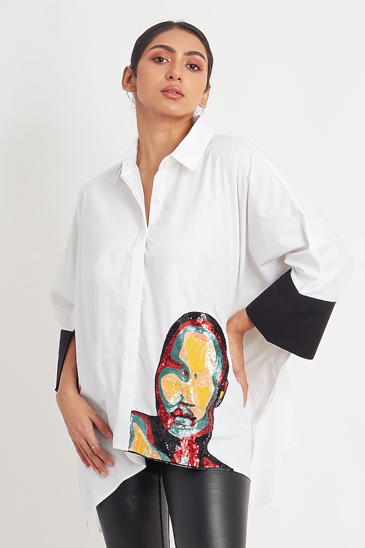 White Cotton Embroidered Poncho-Style Shirt by Richaa Goenka at Pernia's Pop Up Shop