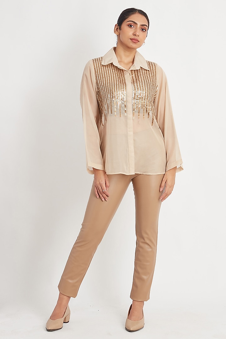 Beige Organza Sequin Stripe Work Shirt by Richaa Goenka at Pernia's Pop Up Shop