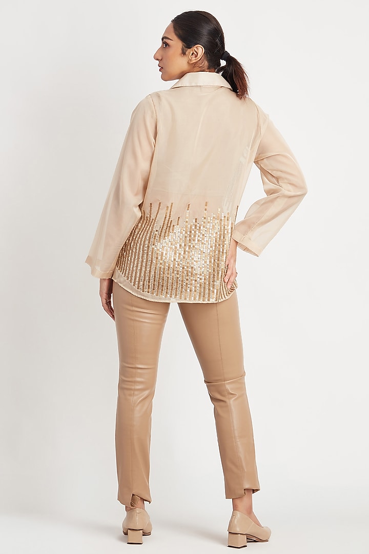 Beige Organza Sequin Stripe Work Shirt by Richaa Goenka at Pernia's Pop Up Shop