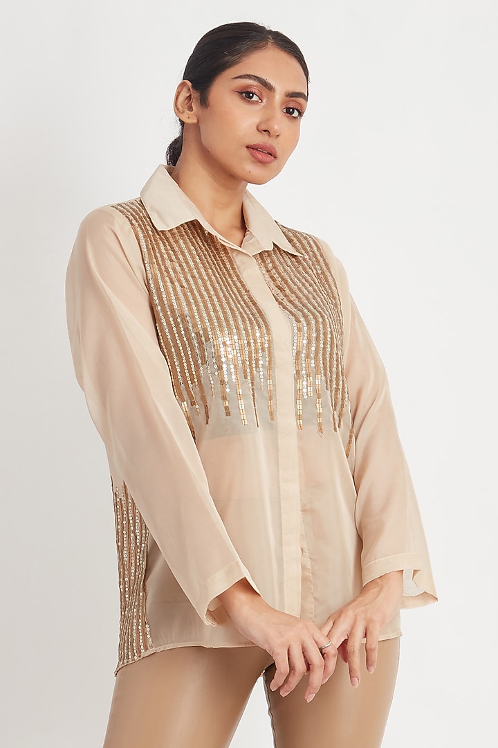 Beige Organza Sequin Stripe Work Shirt by Richaa Goenka at Pernia's Pop Up Shop