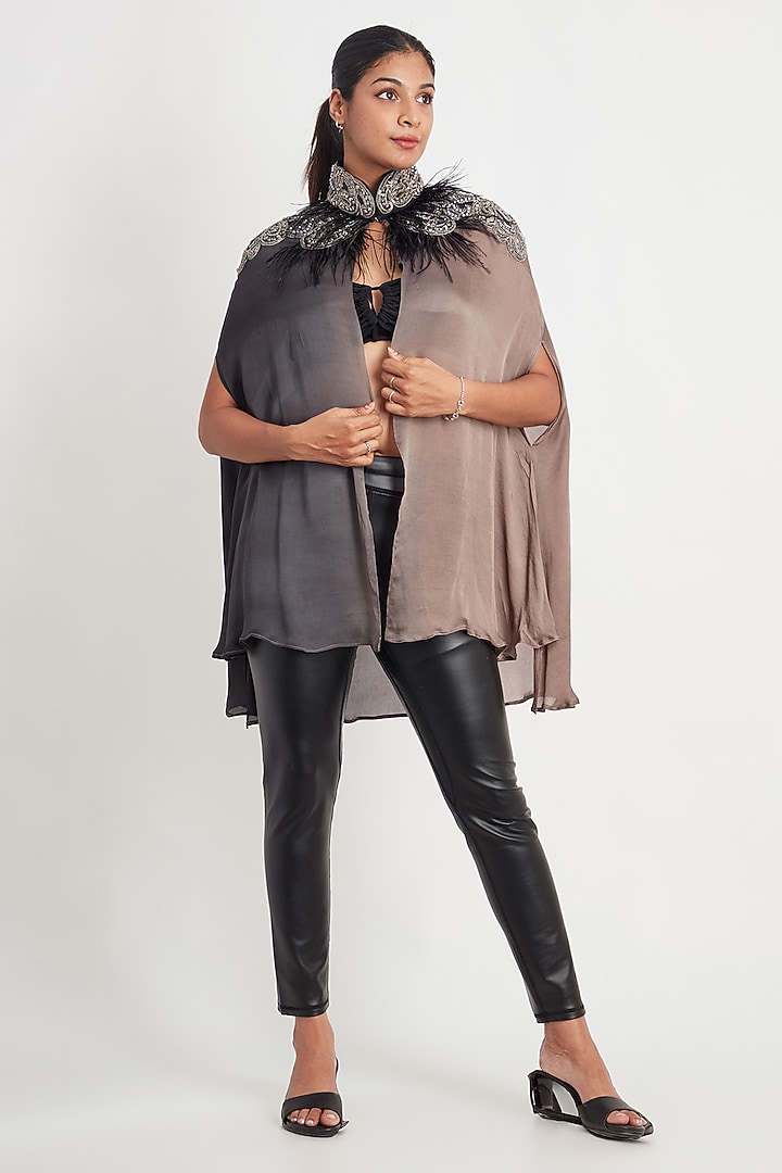 Black & Grey Satin Bead Embroidered Cape by Richaa Goenka at Pernia's Pop Up Shop