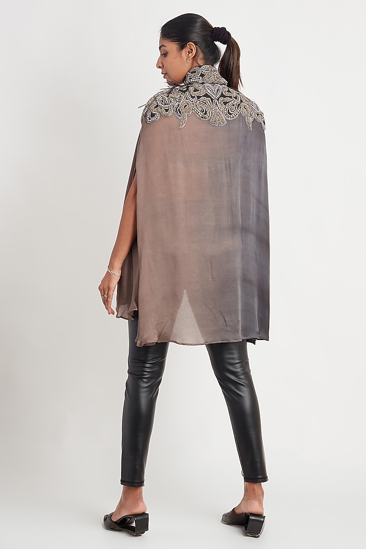 Black & Grey Satin Bead Embroidered Cape by Richaa Goenka at Pernia's Pop Up Shop