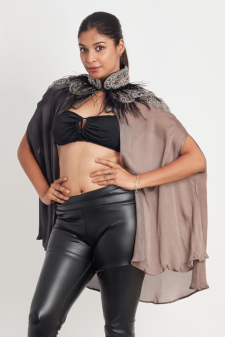 Black & Grey Satin Bead Embroidered Cape by Richaa Goenka at Pernia's Pop Up Shop