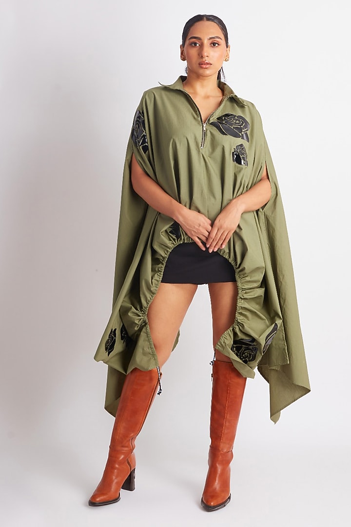 Olive Green Cotton Applique Motif Work Cape by Richaa Goenka at Pernia's Pop Up Shop