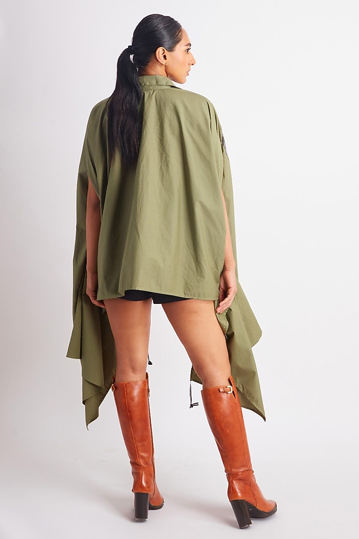 Olive Green Cotton Applique Motif Work Cape by Richaa Goenka at Pernia's Pop Up Shop