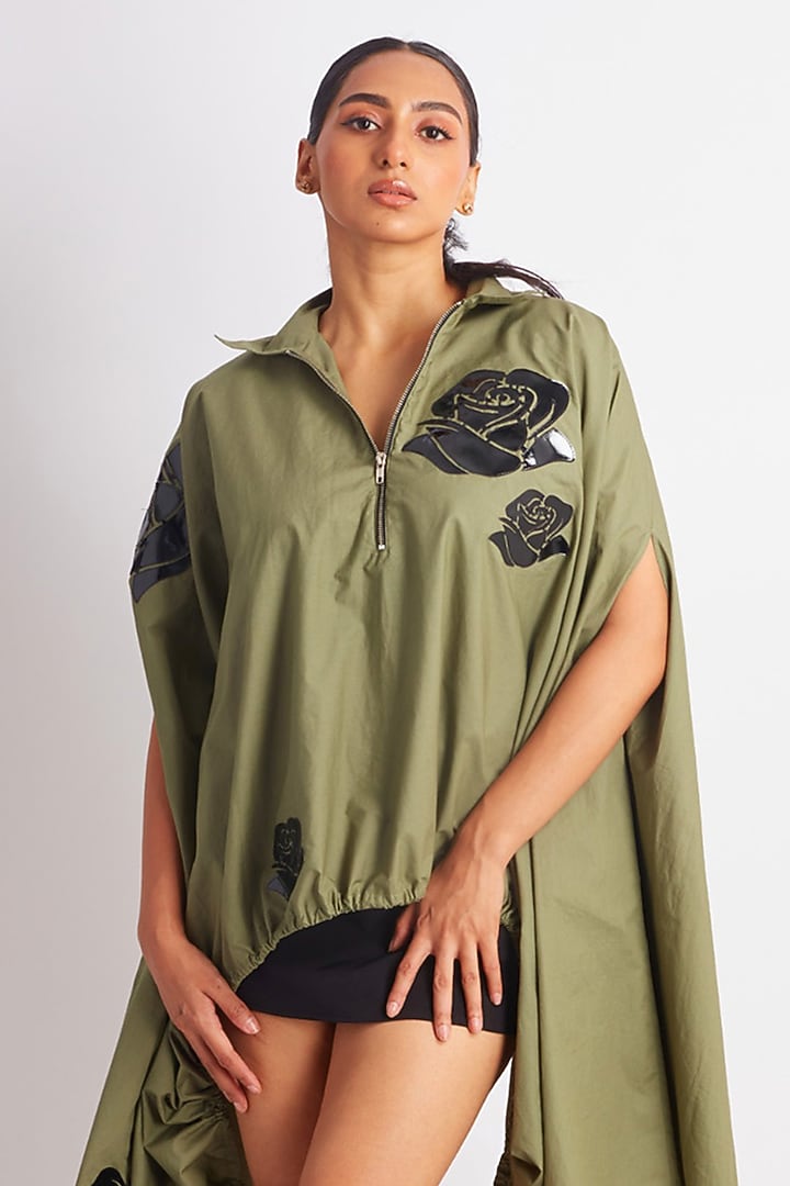 Olive Green Cotton Applique Motif Work Cape by Richaa Goenka at Pernia's Pop Up Shop