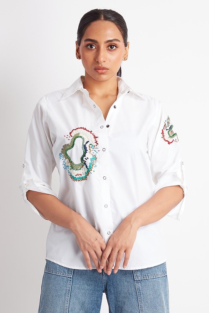 White Cotton Embroidered Shirt by Richaa Goenka at Pernia's Pop Up Shop