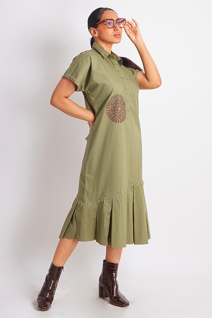 Olive Green Cotton Applique Work Midi Summer Dress by Richaa Goenka at Pernia's Pop Up Shop