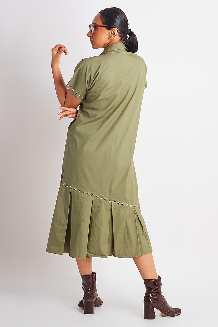 Olive Green Cotton Applique Work Midi Summer Dress by Richaa Goenka at Pernia's Pop Up Shop