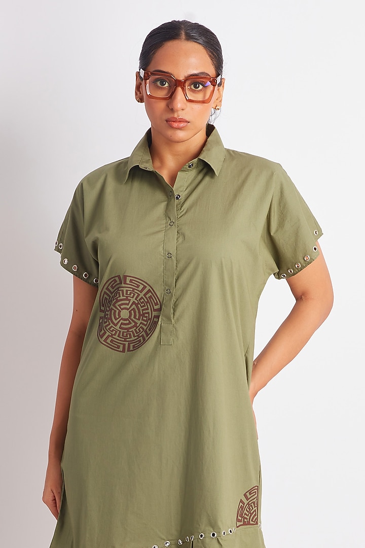 Olive Green Cotton Applique Work Midi Summer Dress by Richaa Goenka at Pernia's Pop Up Shop