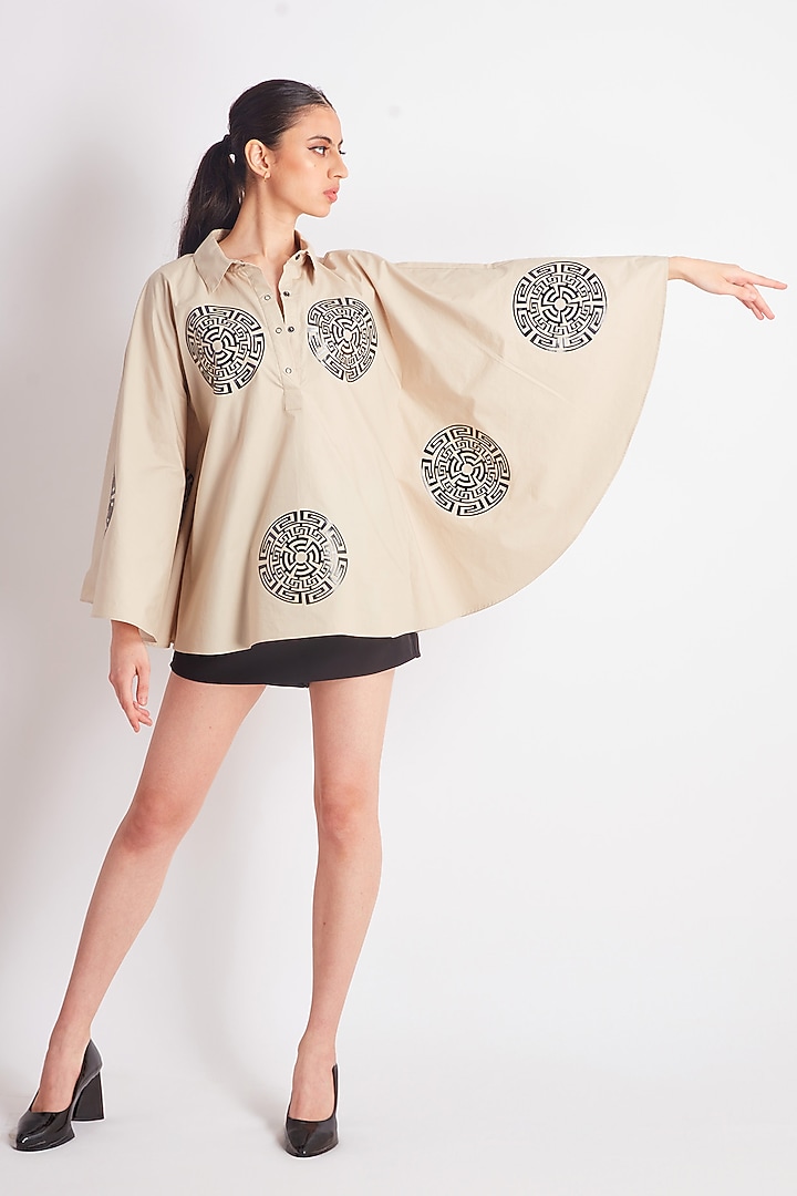 Beige Cotton Applique Work Cape-Style Shirt by Richaa Goenka at Pernia's Pop Up Shop