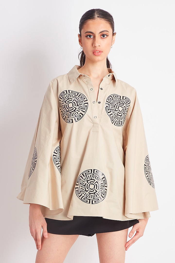 Beige Cotton Applique Work Cape-Style Shirt by Richaa Goenka at Pernia's Pop Up Shop