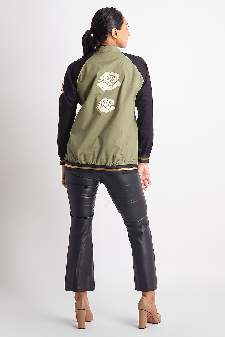 Olive Green Cotton Applique Work Bomber Jacket by Richaa Goenka at Pernia's Pop Up Shop
