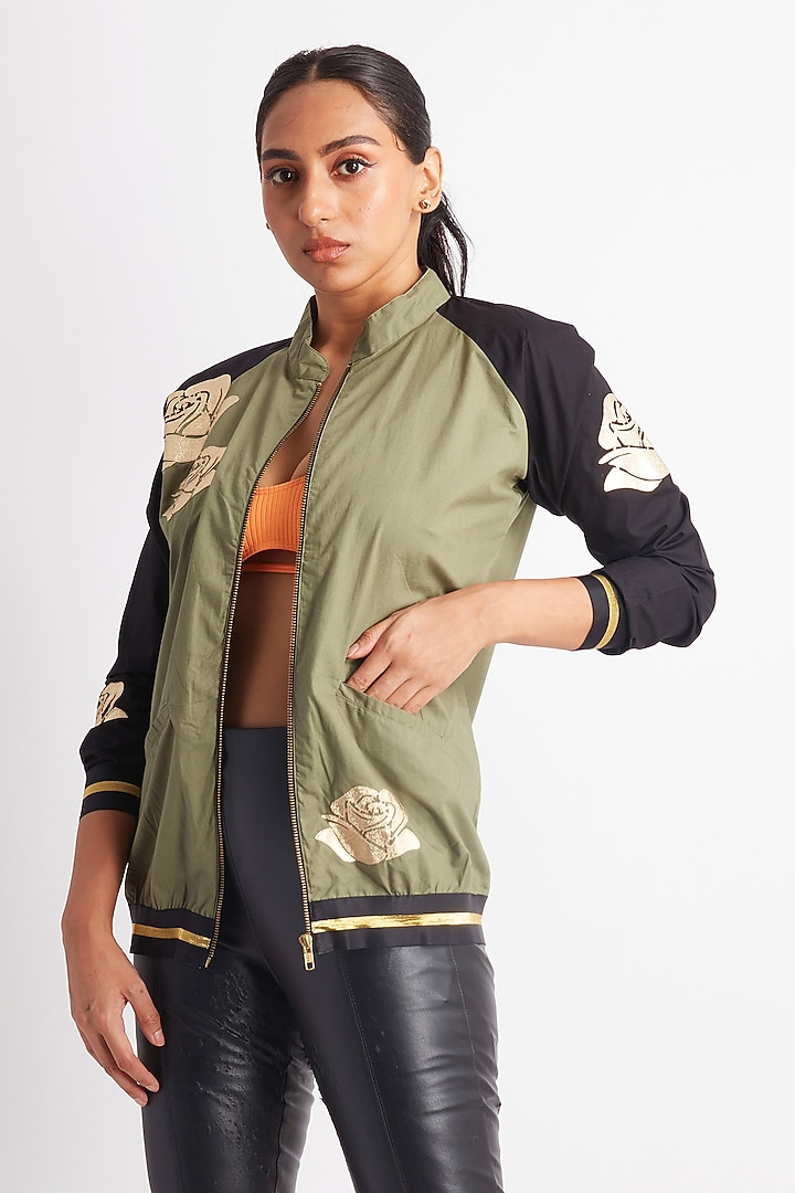 Olive Green Cotton Applique Work Bomber Jacket by Richaa Goenka at Pernia's Pop Up Shop