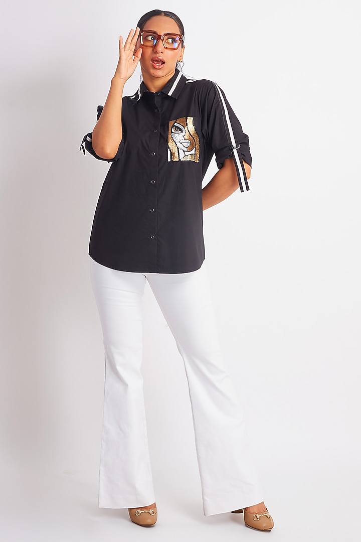 Black Cotton Embroidered Shirt by Richaa Goenka at Pernia's Pop Up Shop