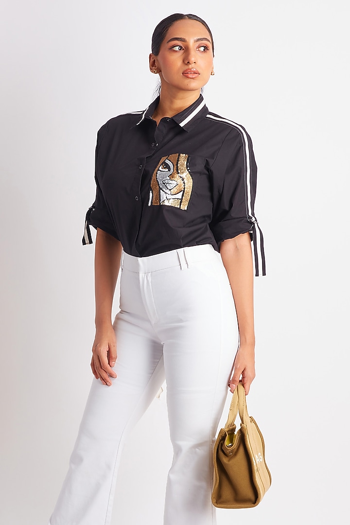 Black Cotton Embroidered Shirt by Richaa Goenka at Pernia's Pop Up Shop