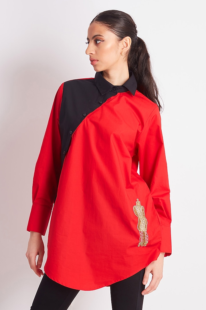 Black & Red Cotton Embroidered Shirt by Richaa Goenka at Pernia's Pop Up Shop