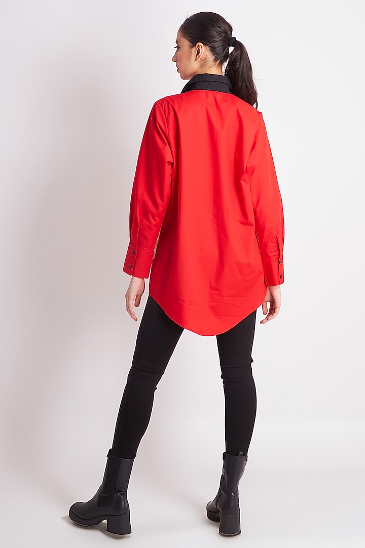 Black & Red Cotton Embroidered Shirt by Richaa Goenka at Pernia's Pop Up Shop