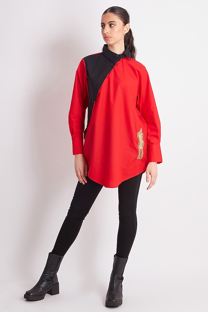 Black & Red Cotton Embroidered Shirt by Richaa Goenka at Pernia's Pop Up Shop
