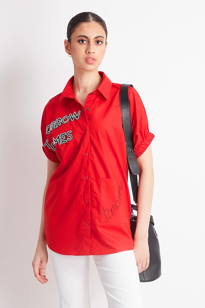 Red Cotton Embroidered Shirt by Richaa Goenka at Pernia's Pop Up Shop