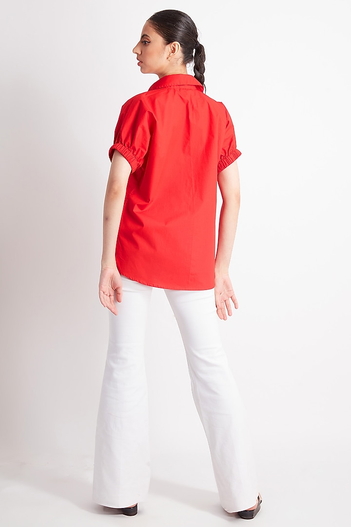 Red Cotton Embroidered Shirt by Richaa Goenka at Pernia's Pop Up Shop