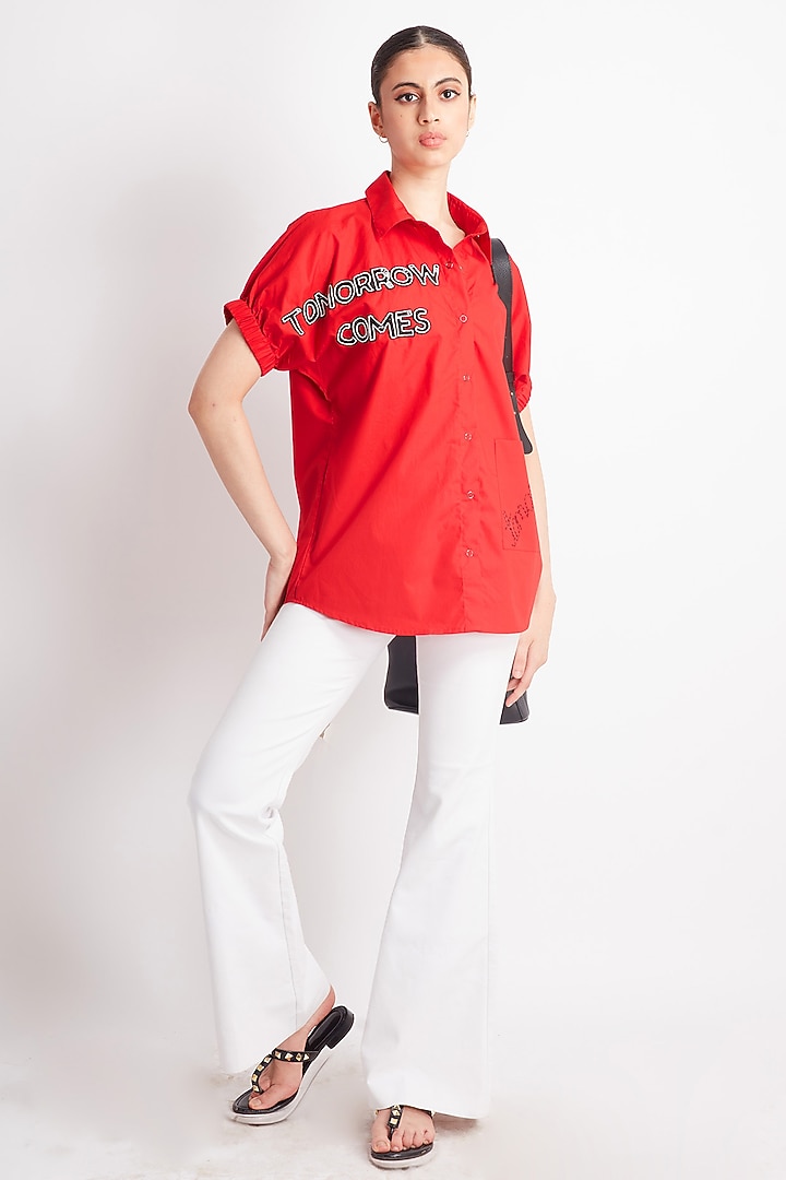 Red Cotton Embroidered Shirt by Richaa Goenka at Pernia's Pop Up Shop