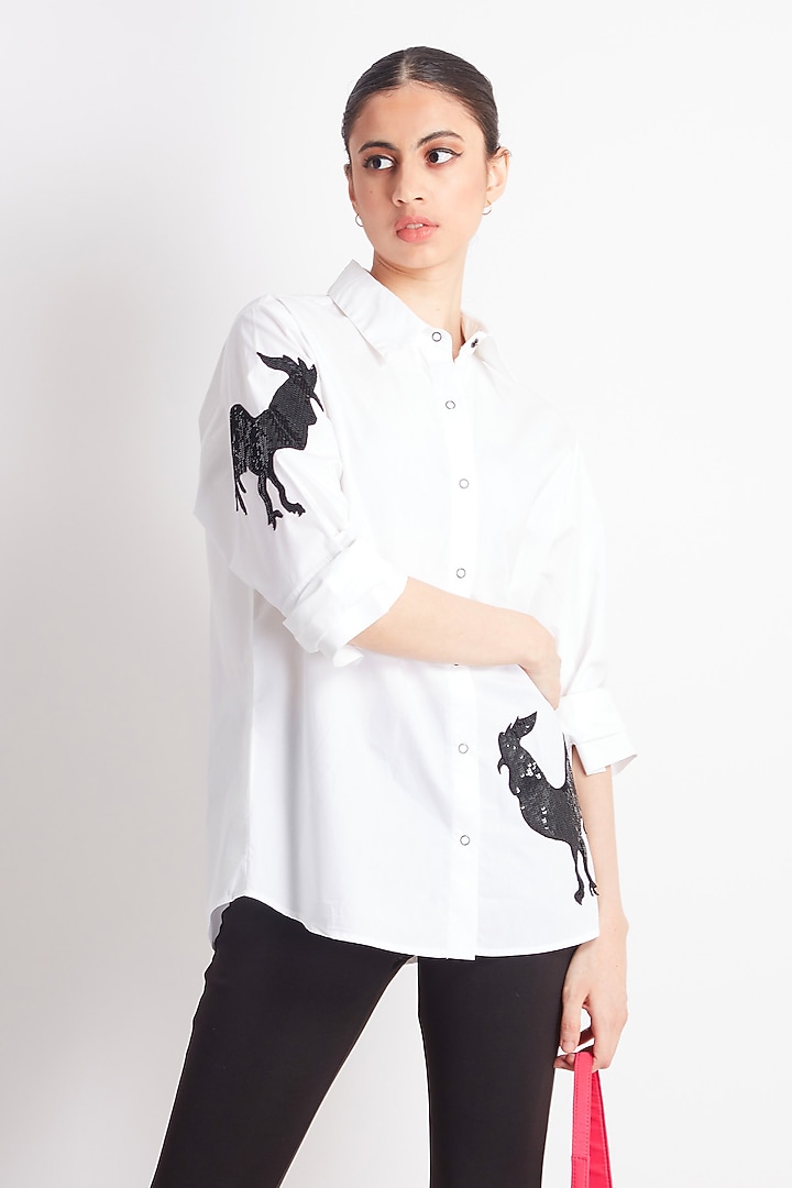 White Cotton Embroidered Shirt by Richaa Goenka at Pernia's Pop Up Shop