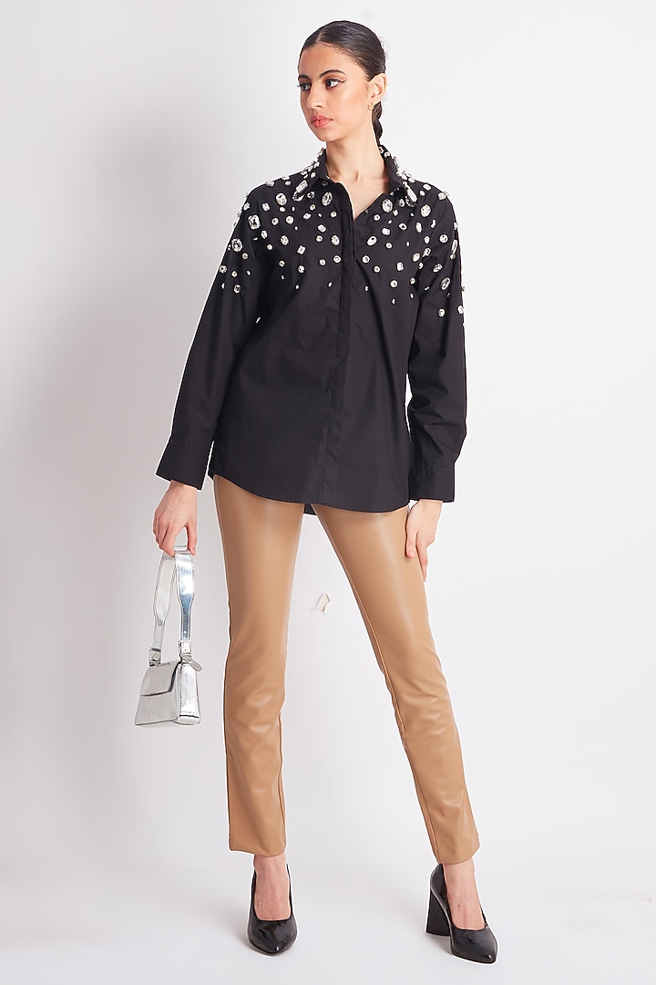 Black Cotton Crystal Embroidered Shirt by Richaa Goenka at Pernia's Pop Up Shop